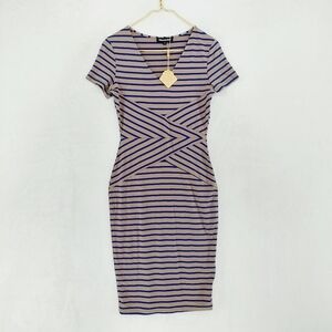 NEW Mmondschein Tan Blue Straps Midi Pencil Short Sleeve Dress P6438